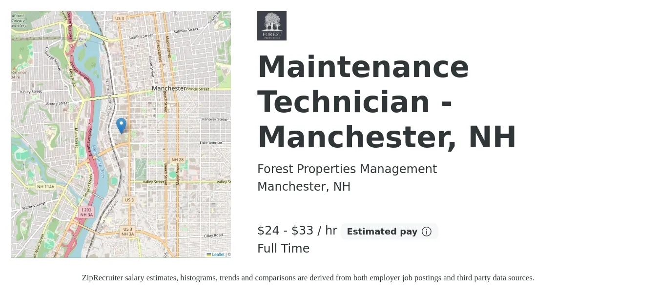 Forest Properties Management job posting for a Maintenance Technician - Manchester, NH in Manchester, NH with a salary of $25 to $35 Hourly with a map of Manchester location.