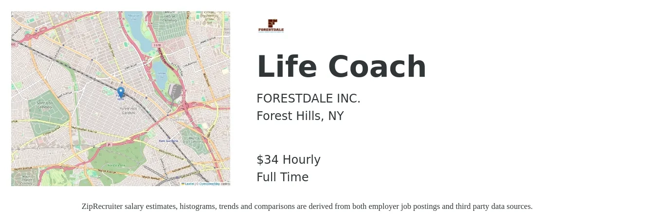 FORESTDALE INC. job posting for a Life Coach in Forest Hills, NY with a salary of $35 Hourly with a map of Forest Hills location.