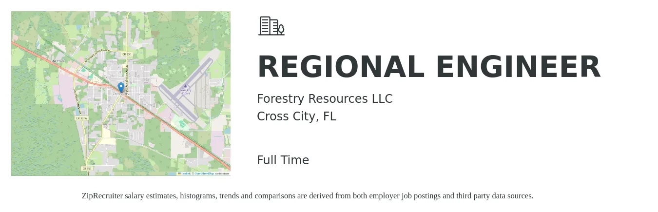 Forestry Resources LLC job posting for a REGIONAL ENGINEER in Cross City, FL with a salary of $74,200 to $102,900 Yearly with a map of Cross City location.