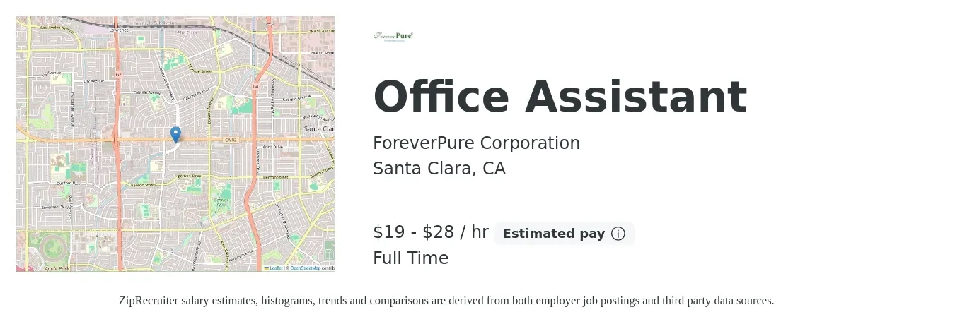 ForeverPure Corporation job posting for a Office Assistant in Santa Clara, CA with a salary of $20 to $30 Hourly with a map of Santa Clara location.