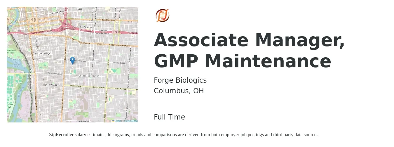 Forge Biologics job posting for a Associate Manager, GMP Maintenance in Columbus, OH with a salary of $16 to $21 Hourly with a map of Columbus location.