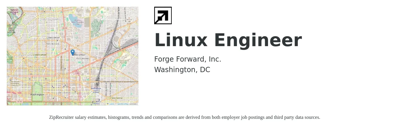 Forge Forward, Inc. job posting for a Linux Engineer in Washington, DC with a salary of $56 to $79 Hourly with a map of Washington location.