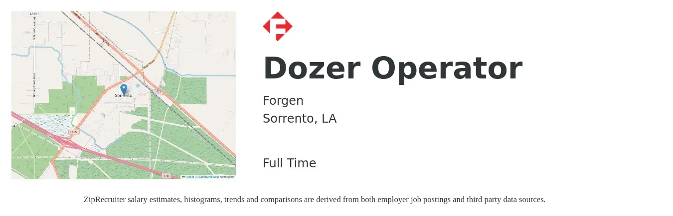 Forgen job posting for a Dozer Operator in Sorrento, LA with a salary of $18 to $24 Hourly with a map of Sorrento location.