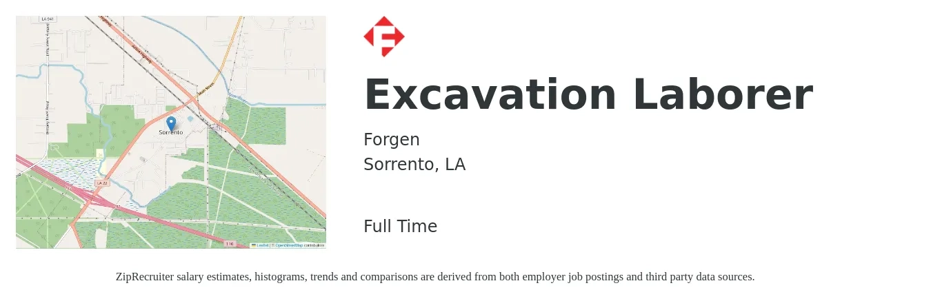 Forgen job posting for a Excavation Laborer in Sorrento, LA with a salary of $16 to $25 Hourly with a map of Sorrento location.