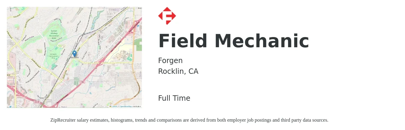 Forgen job posting for a Field Mechanic in Rocklin, CA with a salary of $26 to $35 Hourly with a map of Rocklin location.