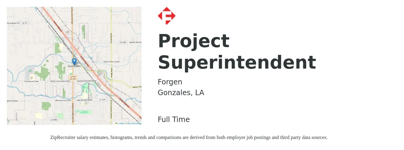 Forgen job posting for a Project Superintendent in Gonzales, LA with a salary of $69,800 to $105,500 Yearly with a map of Gonzales location.