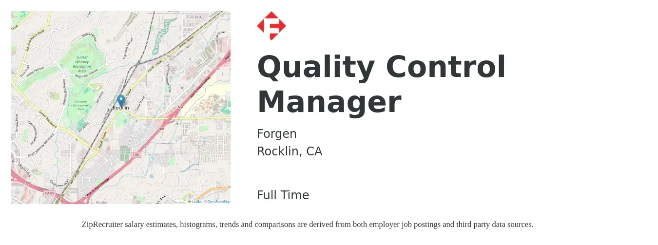 Forgen job posting for a Quality Control Manager in Rocklin, CA with a salary of $62,900 to $104,000 Yearly with a map of Rocklin location.