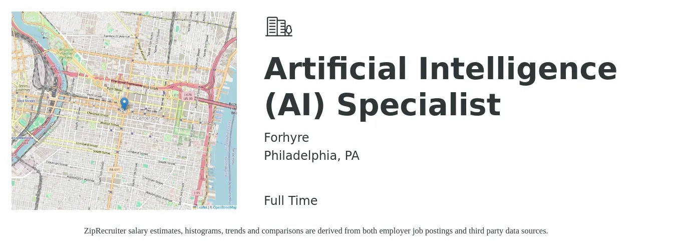 Forhyre job posting for a Artificial Intelligence (AI) Specialist in Philadelphia, PA with a salary of $33,800 to $48,400 Yearly with a map of Philadelphia location.