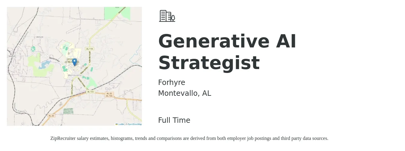 Forhyre job posting for a Generative AI Strategist in Montevallo, AL with a salary of $119,500 to $154,400 Yearly with a map of Montevallo location.