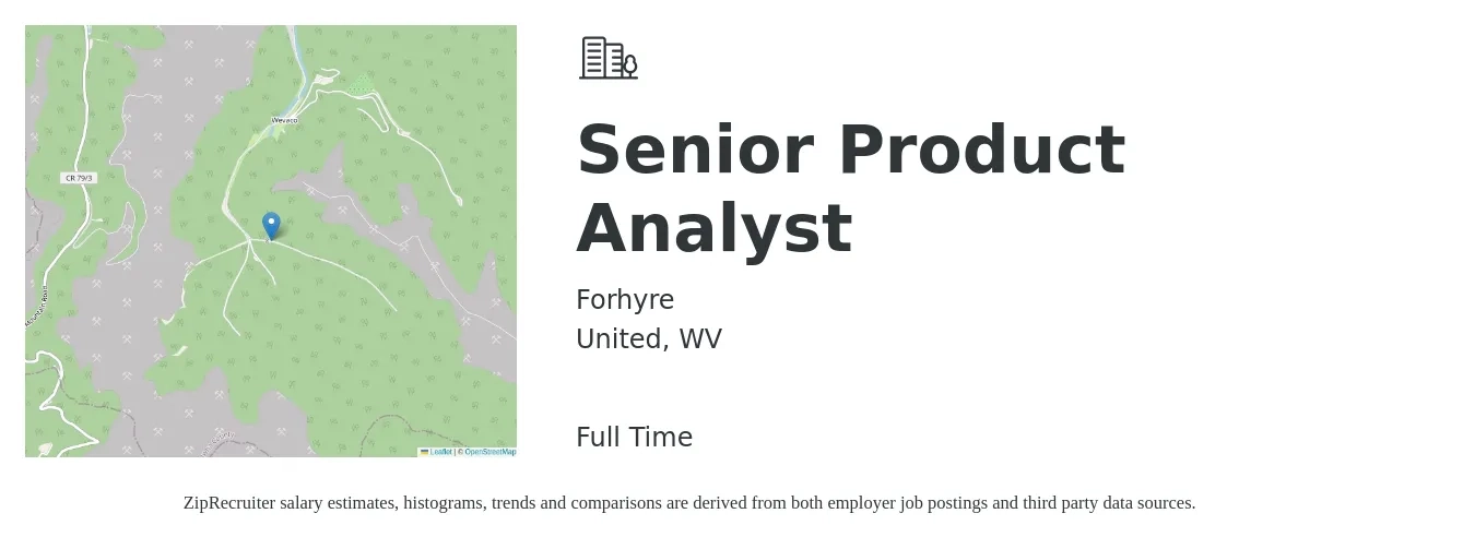 Forhyre job posting for a Senior Product Analyst in United, WV with a salary of $41 to $63 Hourly with a map of United location.