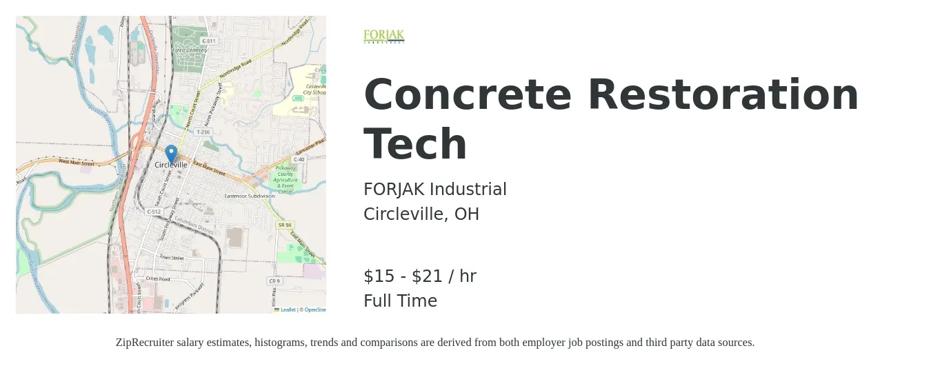 FORJAK Industrial job posting for a Concrete Restoration Tech in Circleville, OH with a salary of $16 to $22 Hourly with a map of Circleville location.