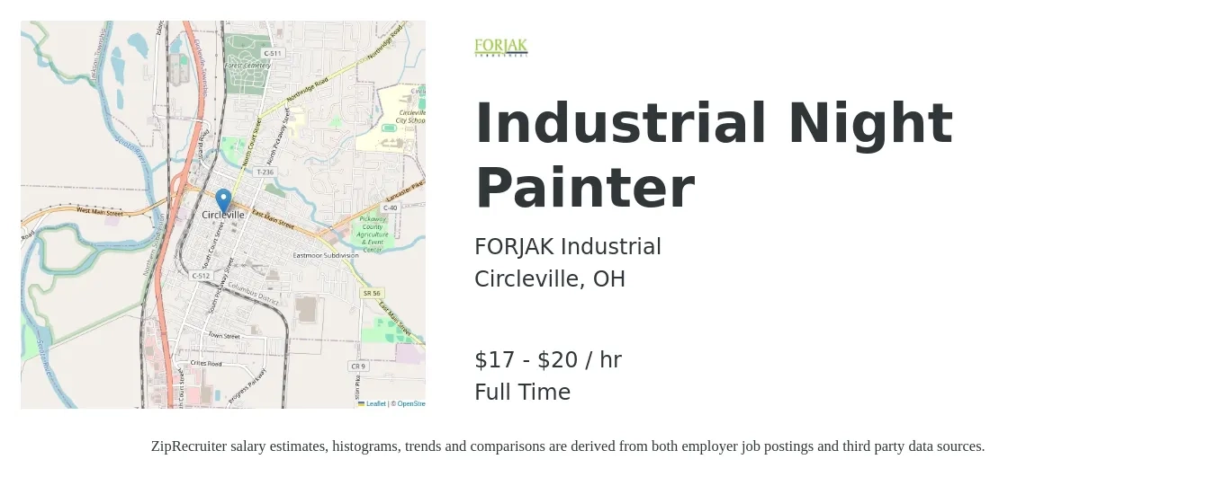 FORJAK Industrial job posting for a Industrial Night Painter in Circleville, OH with a salary of $18 to $21 Hourly with a map of Circleville location.