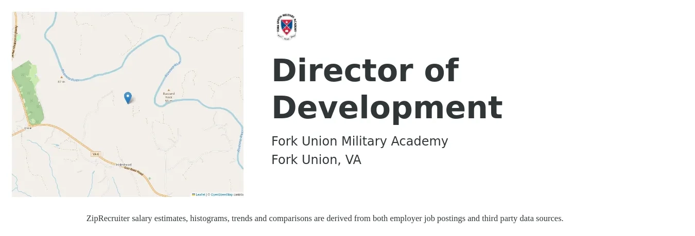 Fork Union Military Academy job posting for a Director of Development in Fork Union, VA with a salary of $68,200 to $105,800 Yearly with a map of Fork Union location.