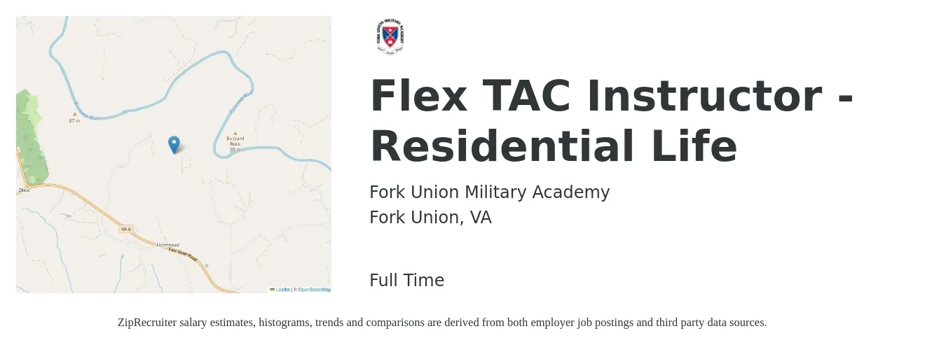 Fork Union Military Academy job posting for a Flex TAC Instructor - Residential Life in Fork Union, VA with a salary of $17 to $19 Hourly with a map of Fork Union location.