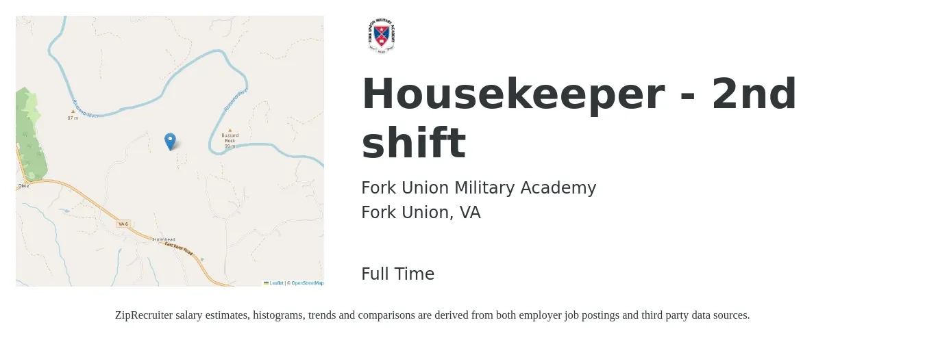 Fork Union Military Academy job posting for a Housekeeper - 2nd shift in Fork Union, VA with a salary of $14 to $18 Hourly with a map of Fork Union location.