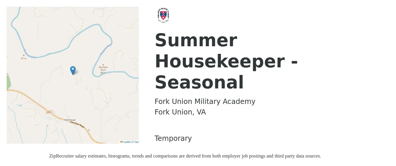 Fork Union Military Academy job posting for a Summer Housekeeper - Seasonal in Fork Union, VA with a salary of $14 to $18 Hourly with a map of Fork Union location.