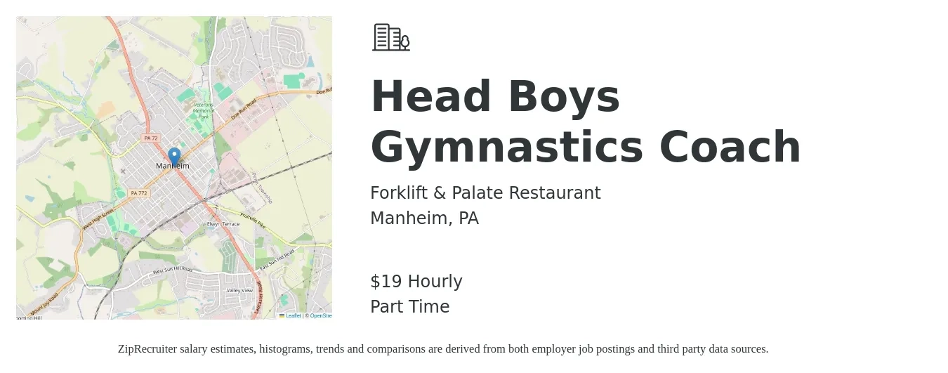 Forklift & Palate Restaurant job posting for a Head Boys Gymnastics Coach in Manheim, PA with a salary of $20 Hourly with a map of Manheim location.