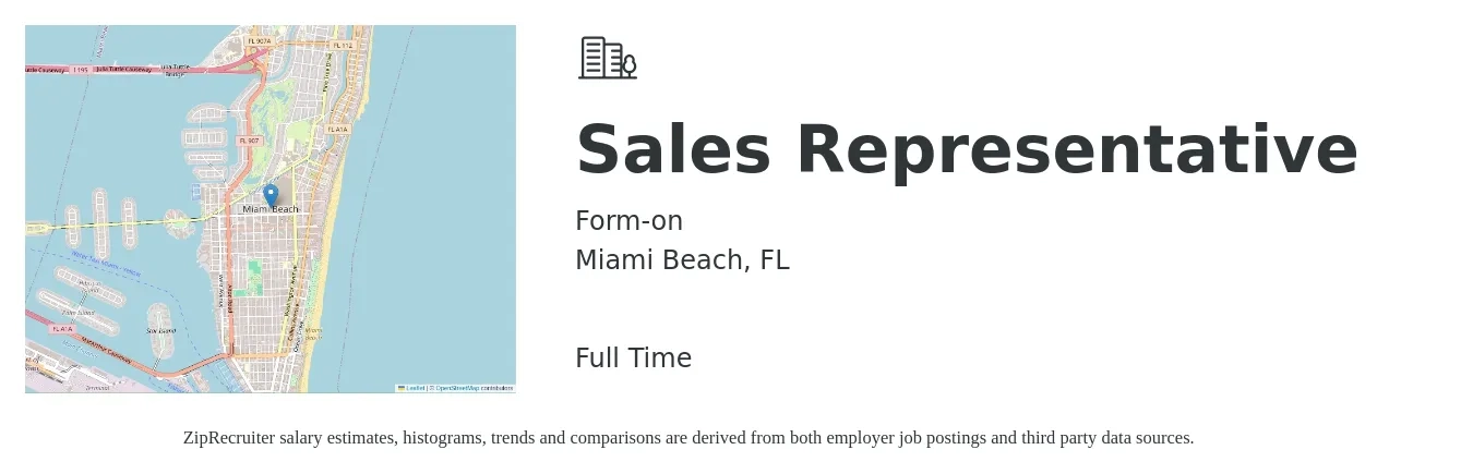 Form-on job posting for a Sales Representative in Miami Beach, FL with a salary of $52,800 to $91,800 Yearly with a map of Miami Beach location.