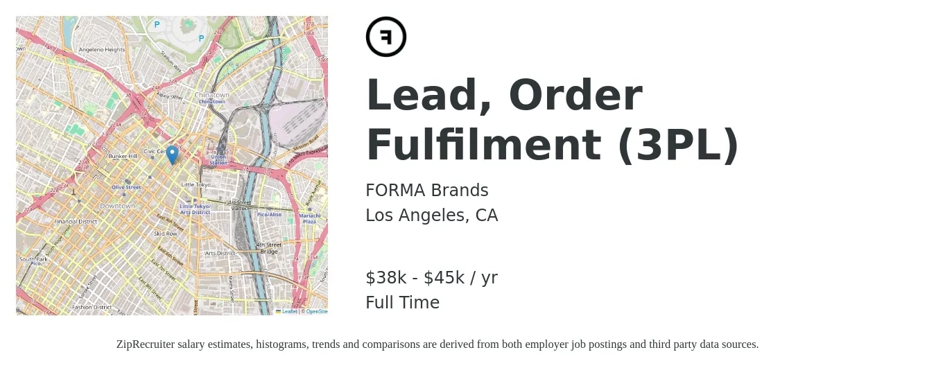 FORMA Brands job posting for a Lead, Order Fulfilment (3PL) in Los Angeles, CA with a salary of $38,000 to $45,000 Yearly with a map of Los Angeles location.