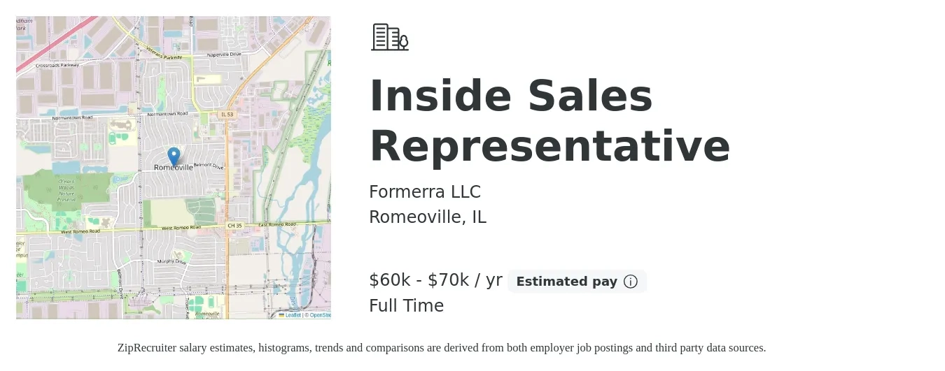 Formerra LLC job posting for a Inside Sales Representative in Romeoville, IL with a salary of $60,000 to $70,000 Yearly with a map of Romeoville location.