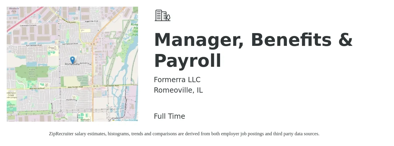Formerra LLC job posting for a Manager, Benefits & Payroll in Romeoville, IL with a salary of $76,500 to $105,000 Yearly with a map of Romeoville location.