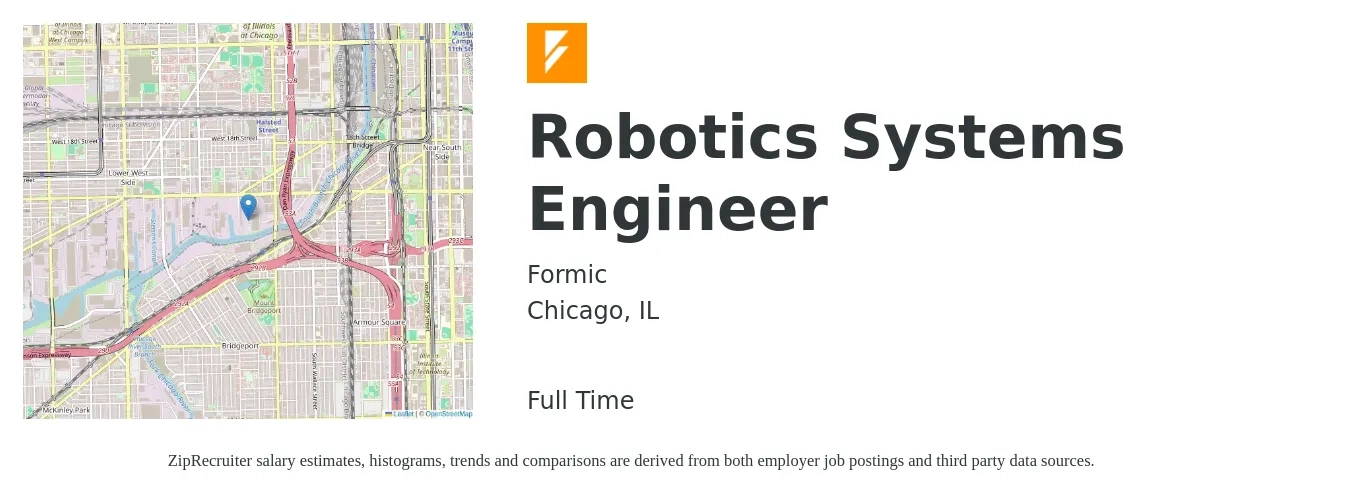 Formic job posting for a Robotics Systems Engineer in Chicago, IL with a salary of $86,000 to $130,800 Yearly with a map of Chicago location.