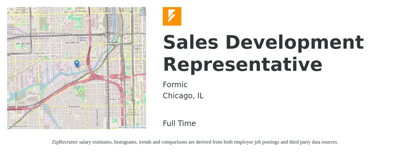 Formic job posting for a Sales Development Representative in Chicago, IL with a salary of $43,300 to $62,800 Yearly with a map of Chicago location.