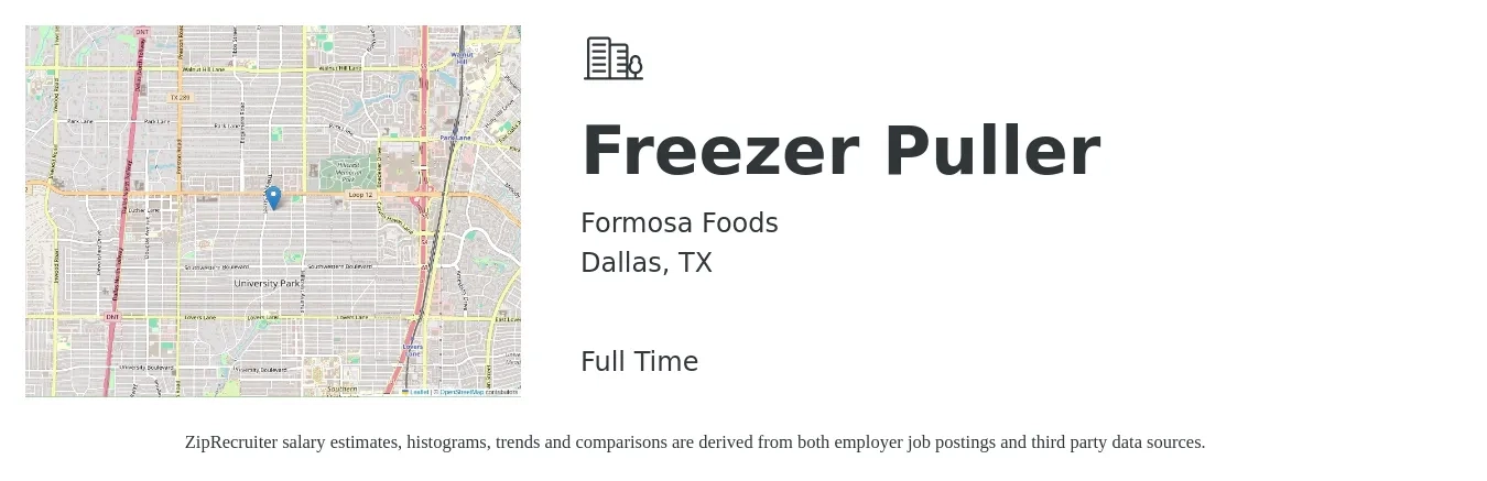 Formosa Foods job posting for a Freezer Puller in Dallas, TX with a salary of $14 to $16 Hourly with a map of Dallas location.