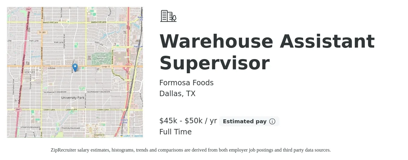 Formosa Foods job posting for a Warehouse Assistant Supervisor in Dallas, TX with a salary of $45,000 to $50,000 Yearly with a map of Dallas location.