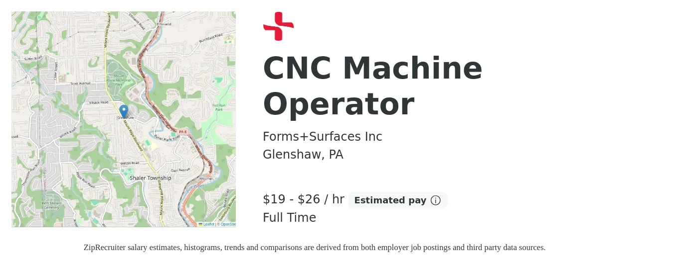 Forms+Surfaces Inc job posting for a CNC Machine Operator in Glenshaw, PA with a salary of $20 to $28 Hourly with a map of Glenshaw location.