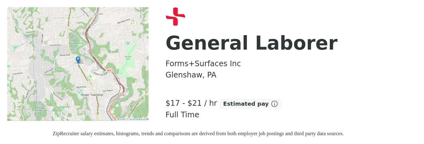 Forms+Surfaces Inc job posting for a General Laborer in Glenshaw, PA with a salary of $18 to $22 Hourly with a map of Glenshaw location.