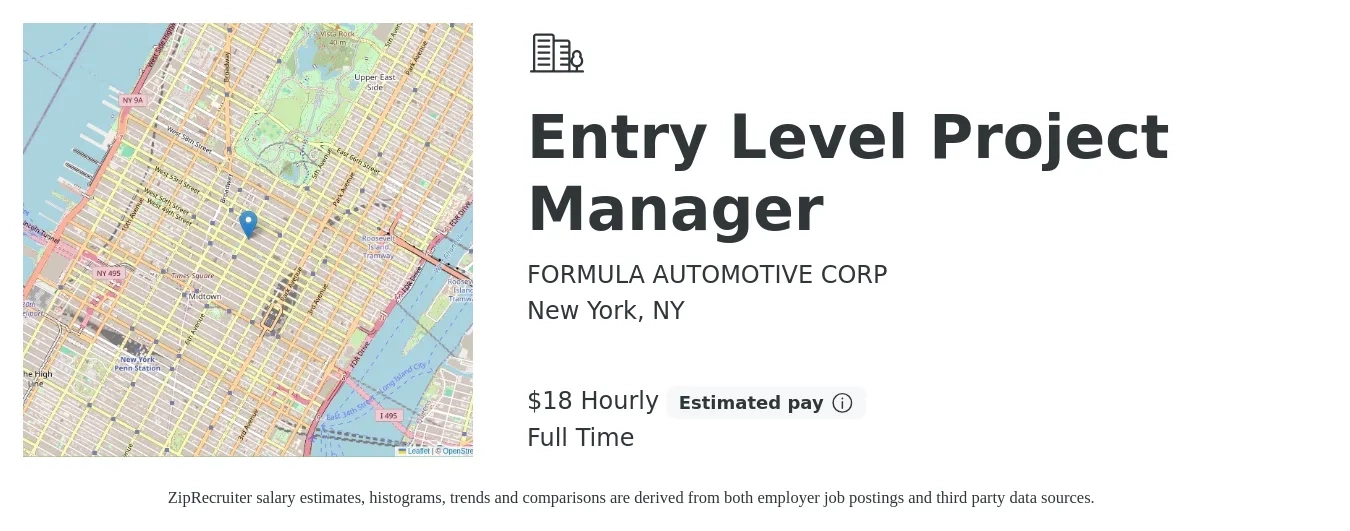FORMULA AUTOMOTIVE CORP job posting for a Entry Level Project Manager in New York, NY with a salary of $19 Hourly with a map of New York location.