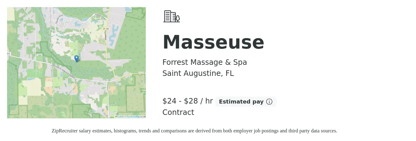 Forrest Massage & Spa job posting for a Masseuse in Saint Augustine, FL with a salary of $25 to $30 Hourly with a map of Saint Augustine location.