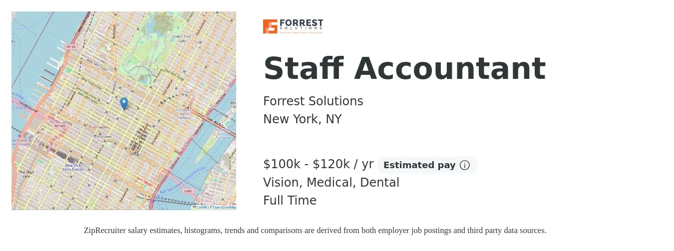 Forrest Solutions job posting for a Staff Accountant in New York, NY with a salary of $110,000 Yearly and benefits including dental, medical, pto, and vision with a map of New York location.