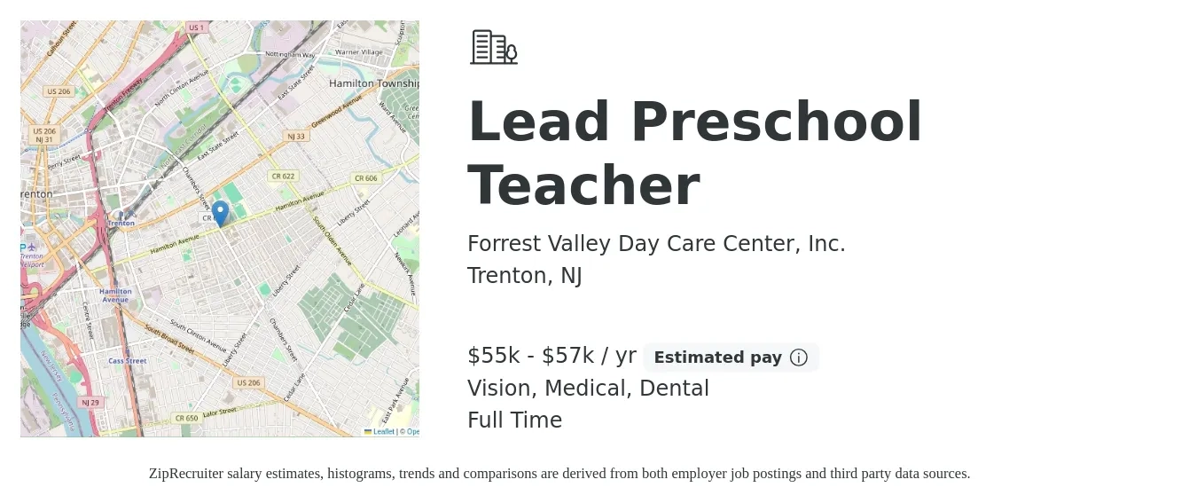Forrest Valley Day Care Center, Inc. job posting for a Lead Preschool Teacher in Trenton, NJ with a salary of $55,000 to $57,000 Yearly and benefits including dental, life_insurance, medical, pto, retirement, and vision with a map of Trenton location.