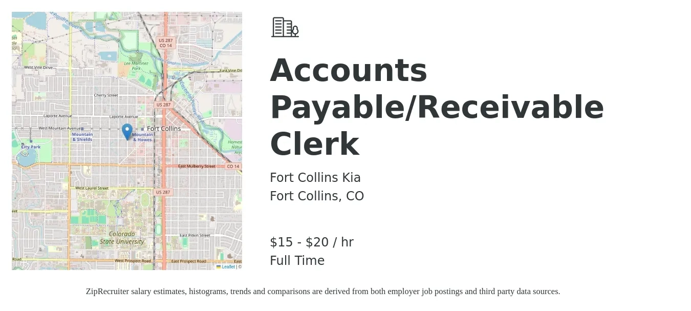 Fort Collins Kia job posting for a Accounts Payable/Receivable Clerk in Fort Collins, CO with a salary of $16 to $21 Hourly with a map of Fort Collins location.