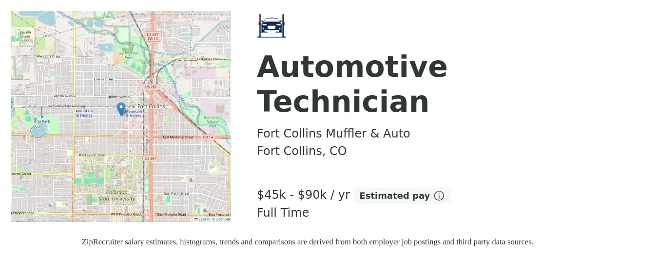 Fort Collins Muffler & Auto job posting for a Automotive Technician in Fort Collins, CO with a salary of $45,000 to $90,000 Yearly with a map of Fort Collins location.