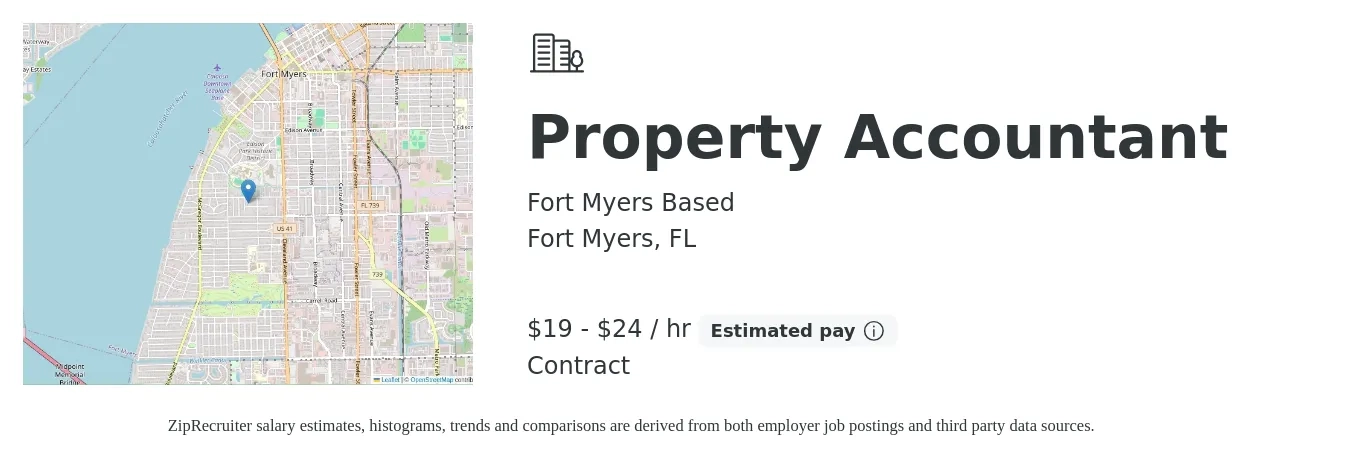 Fort Myers Based job posting for a Property Accountant in Fort Myers, FL with a salary of $20 to $25 Hourly with a map of Fort Myers location.