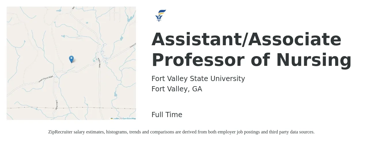 Fort Valley State University job posting for a Assistant/Associate Professor of Nursing in Fort Valley, GA with a salary of $53,600 to $69,800 Yearly with a map of Fort Valley location.