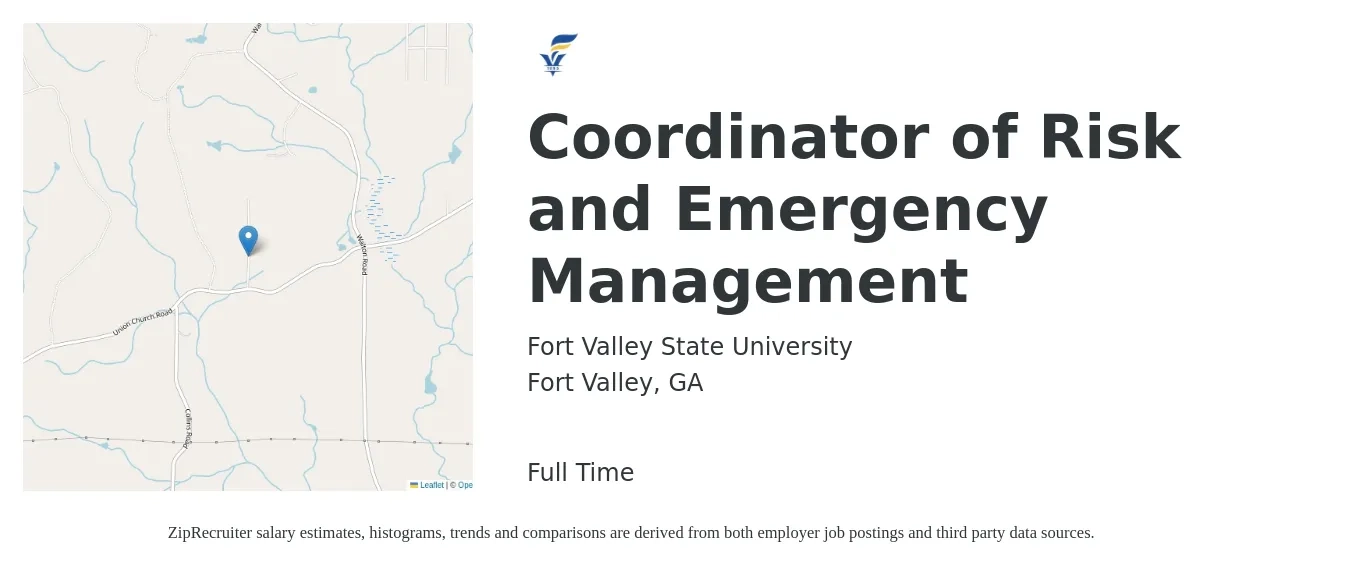 Fort Valley State University job posting for a Coordinator of Risk and Emergency Management in Fort Valley, GA with a salary of $49,200 to $75,500 Yearly with a map of Fort Valley location.