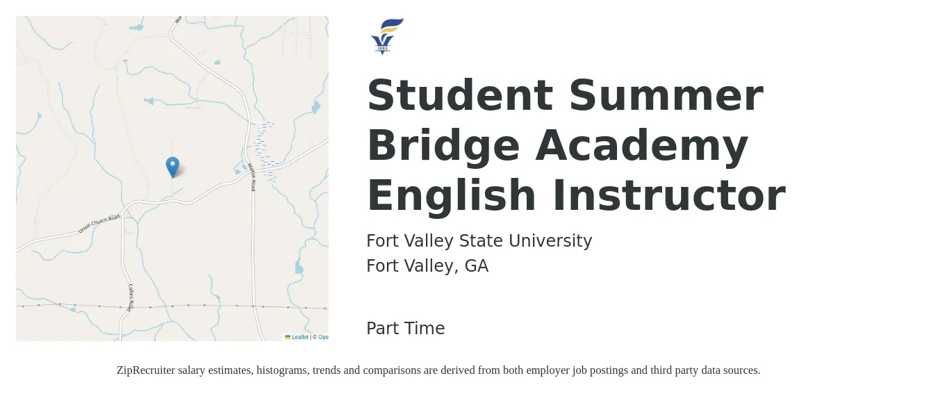 Fort Valley State University job posting for a Student Summer Bridge Academy English Instructor in Fort Valley, GA with a salary of $16 to $26 Hourly with a map of Fort Valley location.