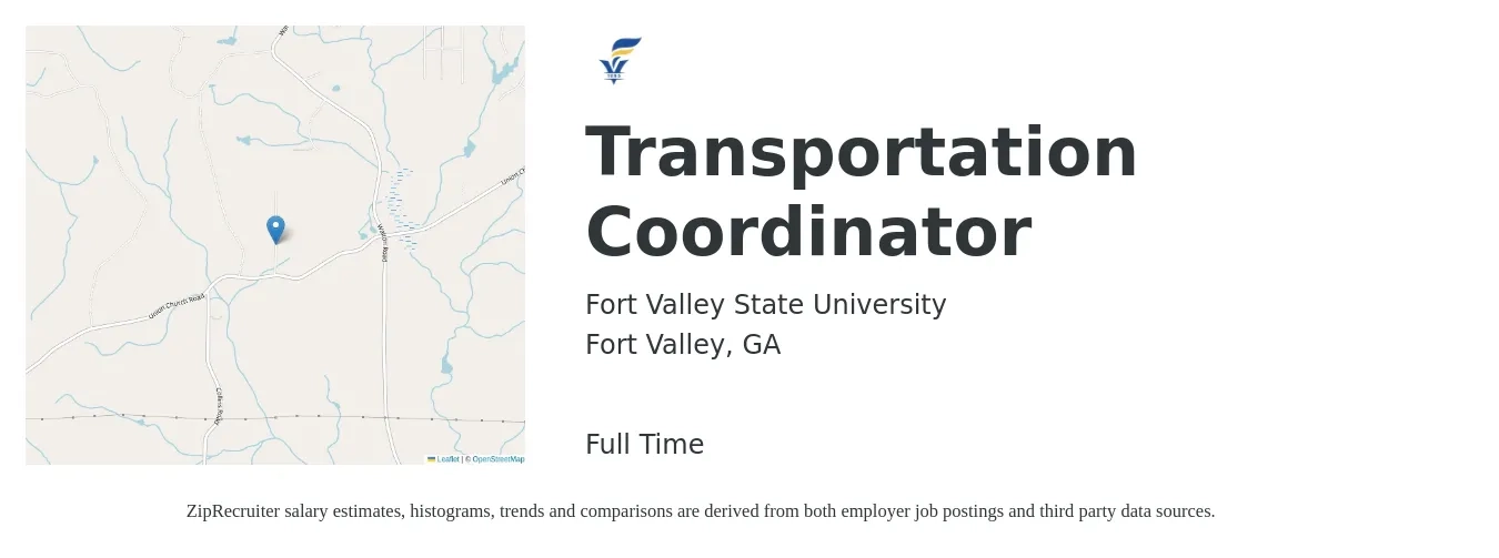 Fort Valley State University job posting for a Transportation Coordinator in Fort Valley, GA with a salary of $17 to $25 Hourly with a map of Fort Valley location.