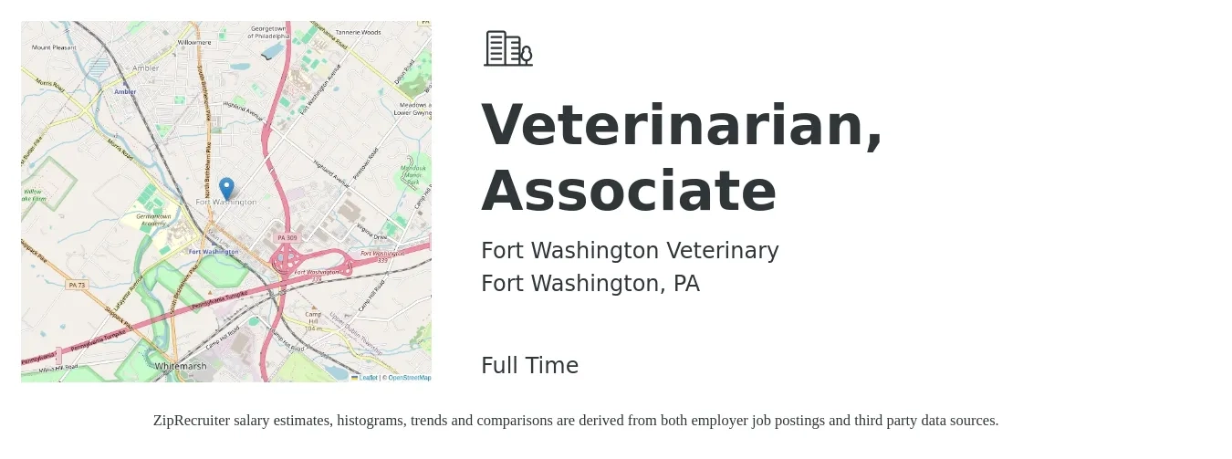 Fort Washington Veterinary job posting for a Veterinarian, Associate in Fort Washington, PA with a salary of $98,700 to $159,400 Yearly with a map of Fort Washington location.