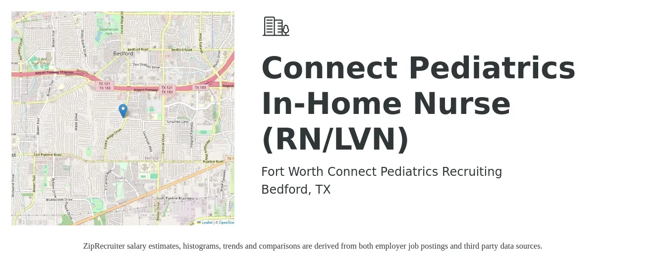 Fort Worth Connect Pediatrics Recruiting job posting for a Connect Pediatrics In-Home Nurse (RN/LVN) in Bedford, TX with a salary of $26 to $36 Hourly with a map of Bedford location.