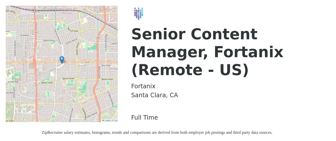 Fortanix job posting for a Senior Content Manager, Fortanix (Remote - US) in Santa Clara, CA with a salary of $32 to $55 Hourly with a map of Santa Clara location.