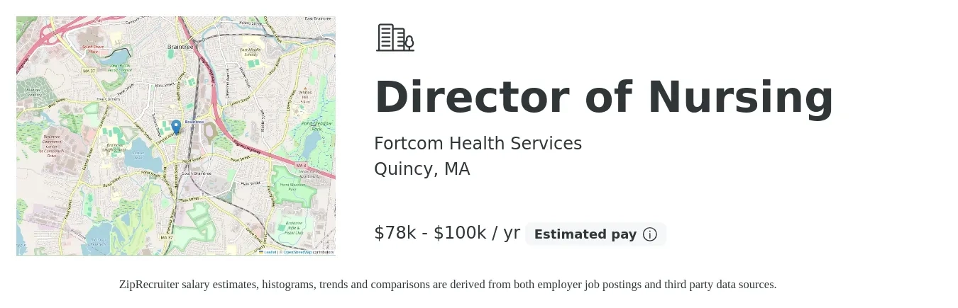 Fortcom Health Services job posting for a Director of Nursing in Quincy, MA with a salary of $78,000 to $100,000 Yearly with a map of Quincy location.