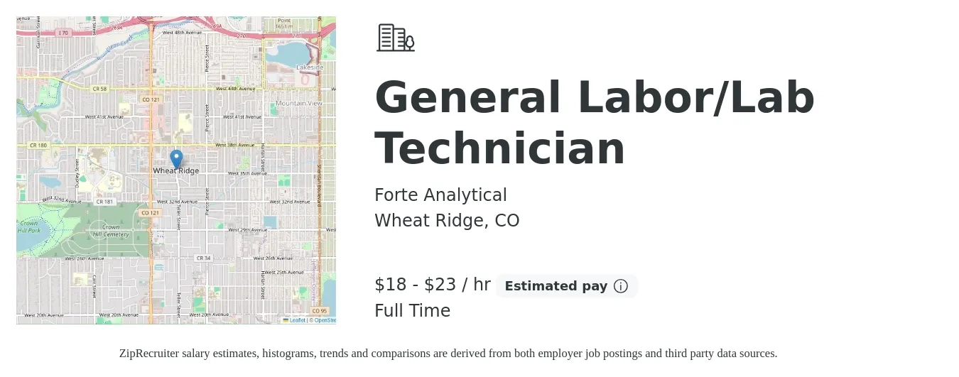 Forte Analytical job posting for a General Labor/Lab Technician in Wheat Ridge, CO with a salary of $19 to $24 Hourly with a map of Wheat Ridge location.