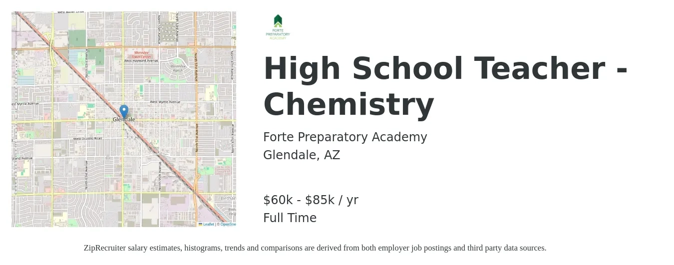 Forte Preparatory Academy job posting for a High School Teacher - Chemistry in Glendale, AZ with a salary of $60,000 to $85,000 Yearly with a map of Glendale location.