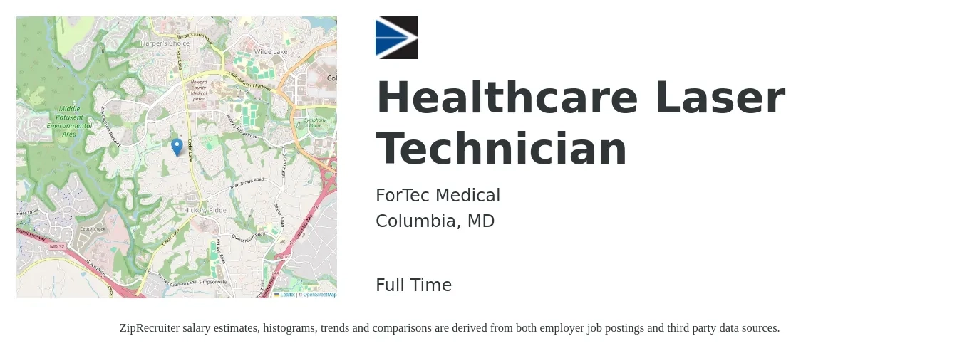 ForTec Medical job posting for a Healthcare Laser Technician in Columbia, MD with a salary of $20 to $29 Hourly with a map of Columbia location.