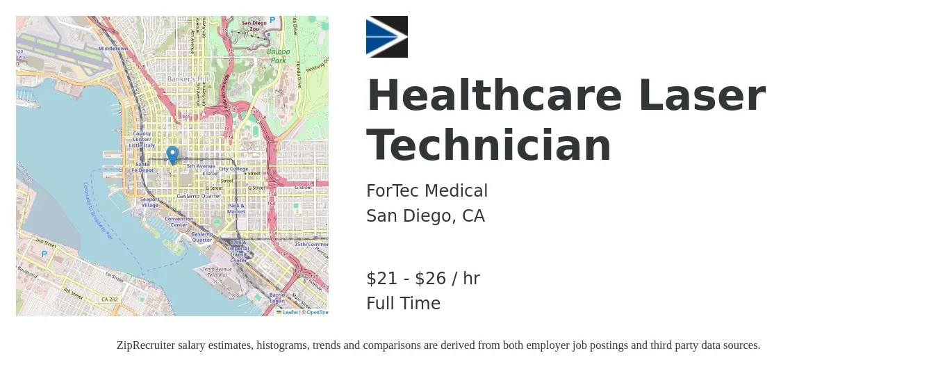 ForTec Medical job posting for a Healthcare Laser Technician in San Diego, CA with a salary of $22 to $28 Hourly with a map of San Diego location.